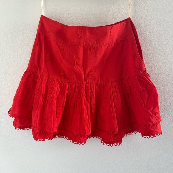 FARM RIO | Tiered Embroidered Cotton-Mousseline Mini Skirt in Red | Size Small - Picture 5 of 12
